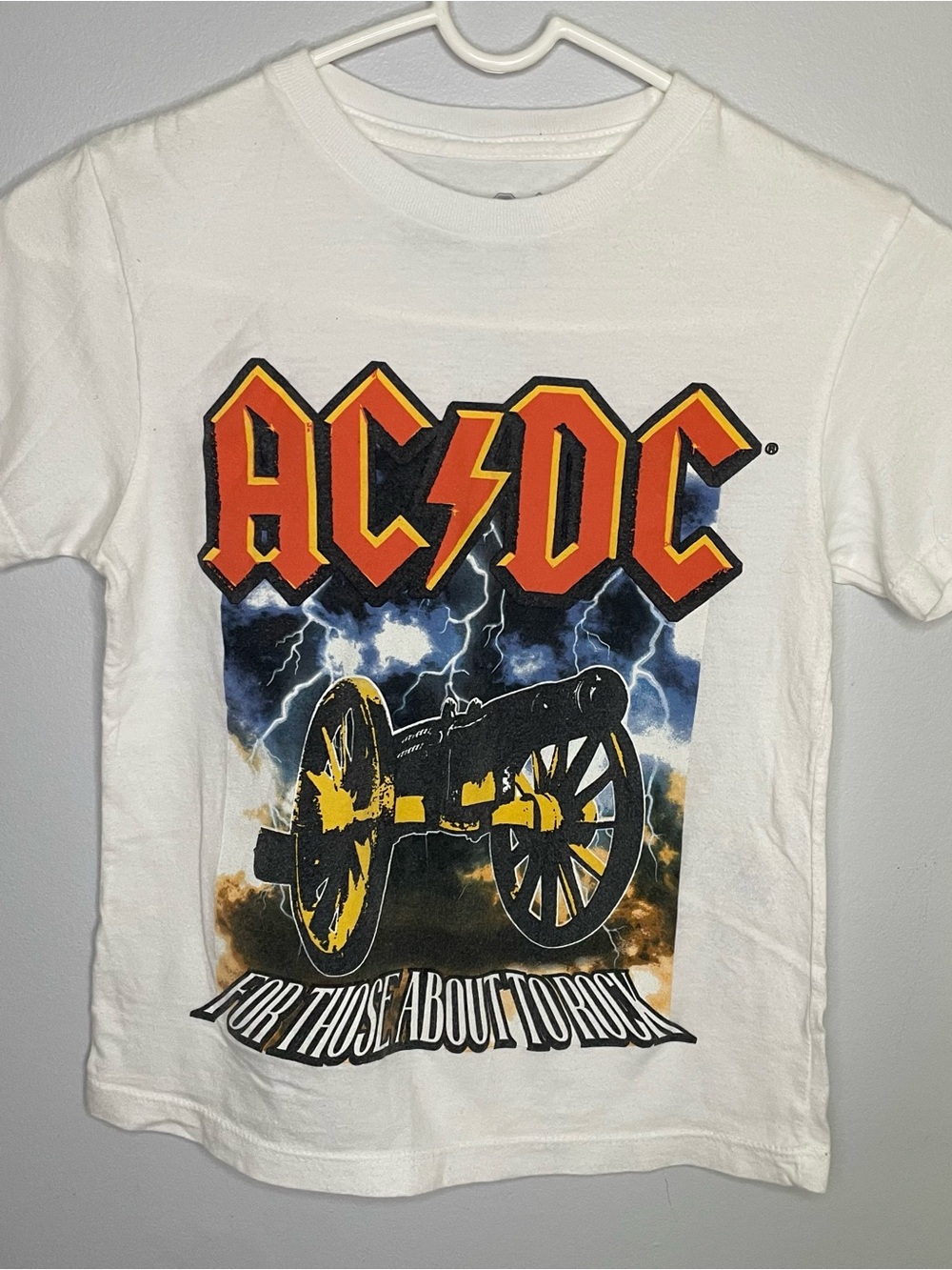 AC/DC Kids White Tee with Orange Logo & Lightning Cannon Graphic 100% Cotton